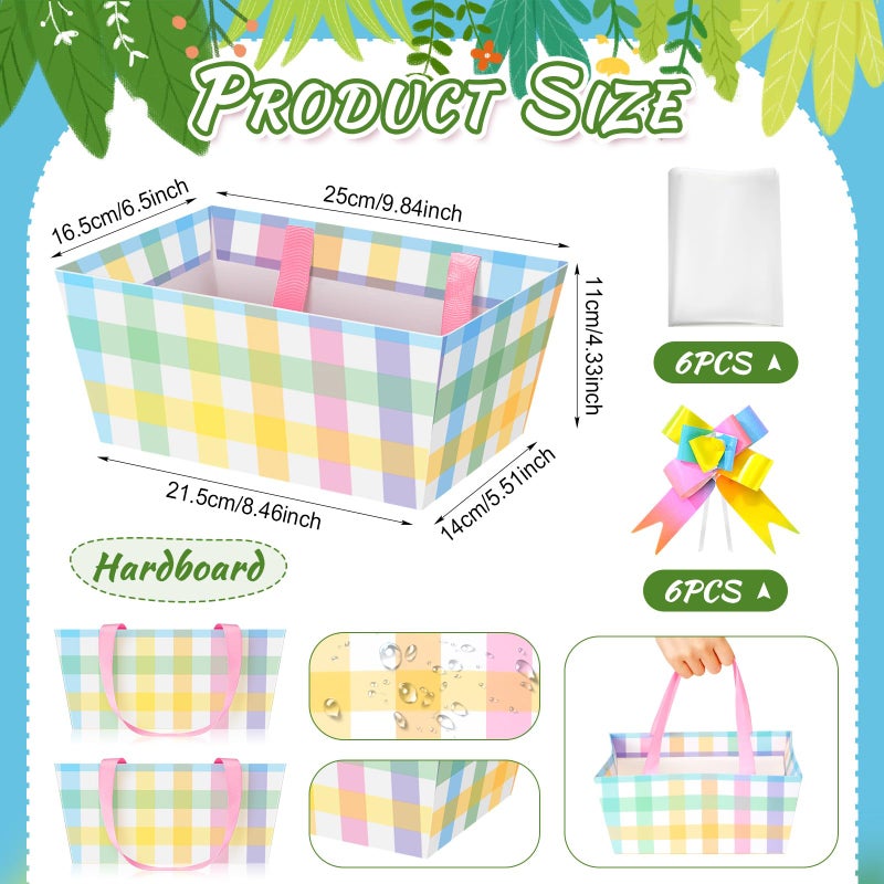 Funnymoom 6 Pack Pastel Plaid Easter Basket for Gifts Empty with Cellophane Bag Pull Bows Plaid Basket Gift Box for Spring Easter Wedding Birthday Party Favors, 9.8 x 6.5 Inch - Image 3