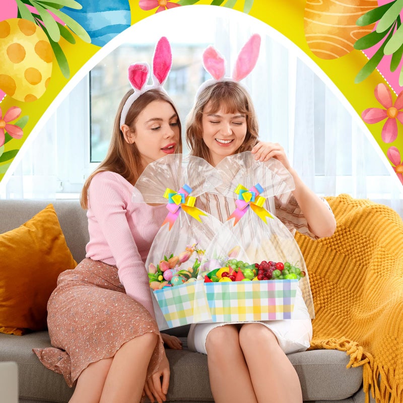 Funnymoom 6 Pack Pastel Plaid Easter Basket for Gifts Empty with Cellophane Bag Pull Bows Plaid Basket Gift Box for Spring Easter Wedding Birthday Party Favors, 9.8 x 6.5 Inch - Image 5