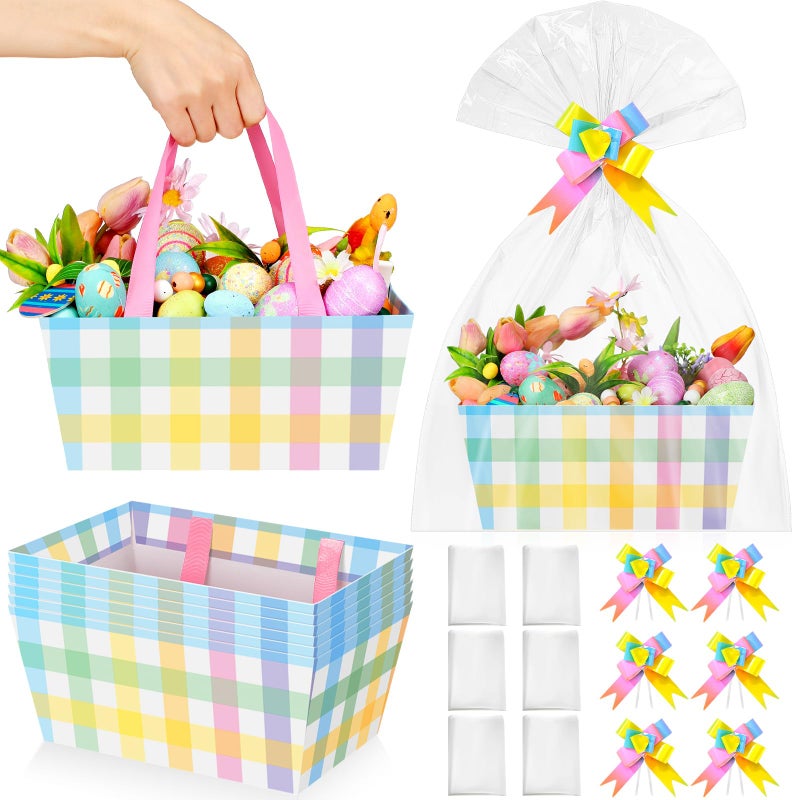 Funnymoom 6 Pack Pastel Plaid Easter Basket for Gifts Empty with Cellophane Bag Pull Bows Plaid Basket Gift Box for Spring Easter Wedding Birthday Party Favors, 9.8 x 6.5 Inch - Image 1