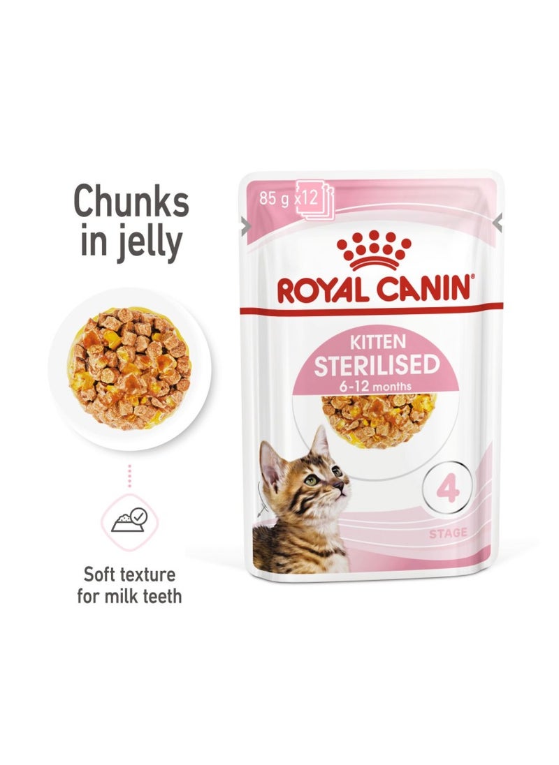 ROYAL CANIN Feline Health Nutrition Kitten Sterilised Jelly (WET FOOD - Pouches) 12 x 85g  - Image 1