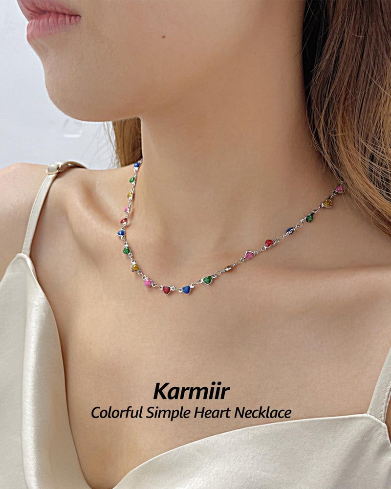 Karmiir Small Heart Necklace for Women - 18K Gold/Silver/Colorful Plated Heart Choker Necklace - Cute Tiny Simple Minimalist Necklace Women's Dainty Layered Jewelry (Colorful-Silver) - Image 5