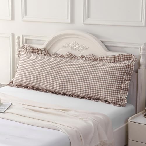 Silnuo Taupe/White Plaid Ruffled Body Pillow Cover Washed Cotton Farmhouse Checkered Gingham 1 Piece Pillowcase for Living Room 20"x54" - Image 1