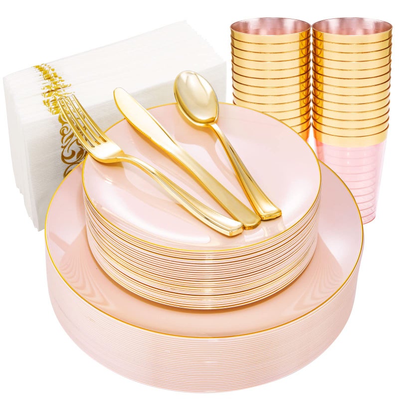 Rubtlamp 210Pcs Plastic Pink Plates with Gold Plastic Silverware Set Include 30Pink Dinner  30 Dessert Plates 90Gold Cutlery 30Gold Cups 30Napkins Pink Dinnerware for Mothers Day
