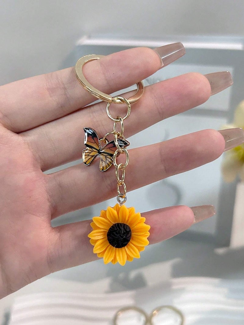Sunflower Keychain with Butterfly Charm – Bright and Elegant Accessory for Bags and Keys