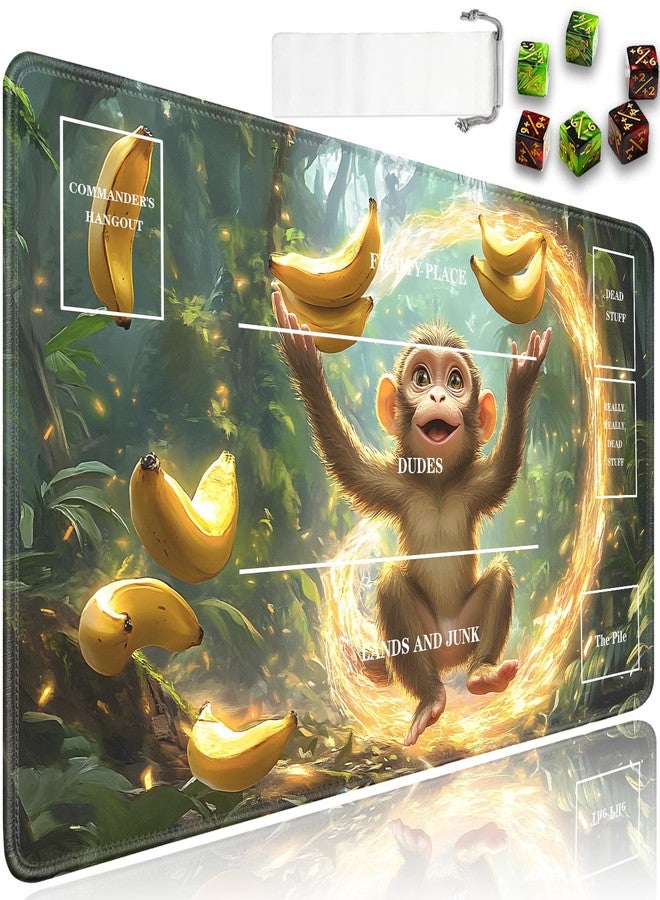 JVGFYNKL for MTG/TCG Playmat with Zones, 24 x 14 inches Trading Card Playmat with Waterproof Storage Bag and 6 Dice, Non-Slip Rubber Base Card Game Battles, Monkey Playing with Bananas for PTCG Play Mat - Image 1
