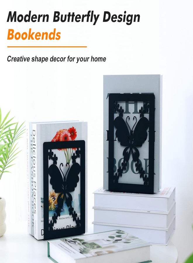 Aertiavty Butterfly Bookends 2 Pcs, Large Heavy Duty Metal Bookends for Shelves, Non-Skid Book Ends Decorative for Heavy Books, Book Holder for Home Office, Morden Book Stopper 7.9"x 4" x 5", 1 Pair - Image 2