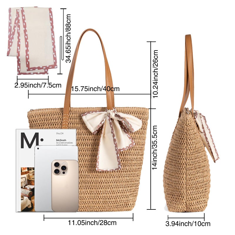 iSamzan Large Straw Beach Bag: Women's Handwoven Tote with Zipper Pocket - 2025 Lightweight Summer Purse for Travel & Work - Image 5
