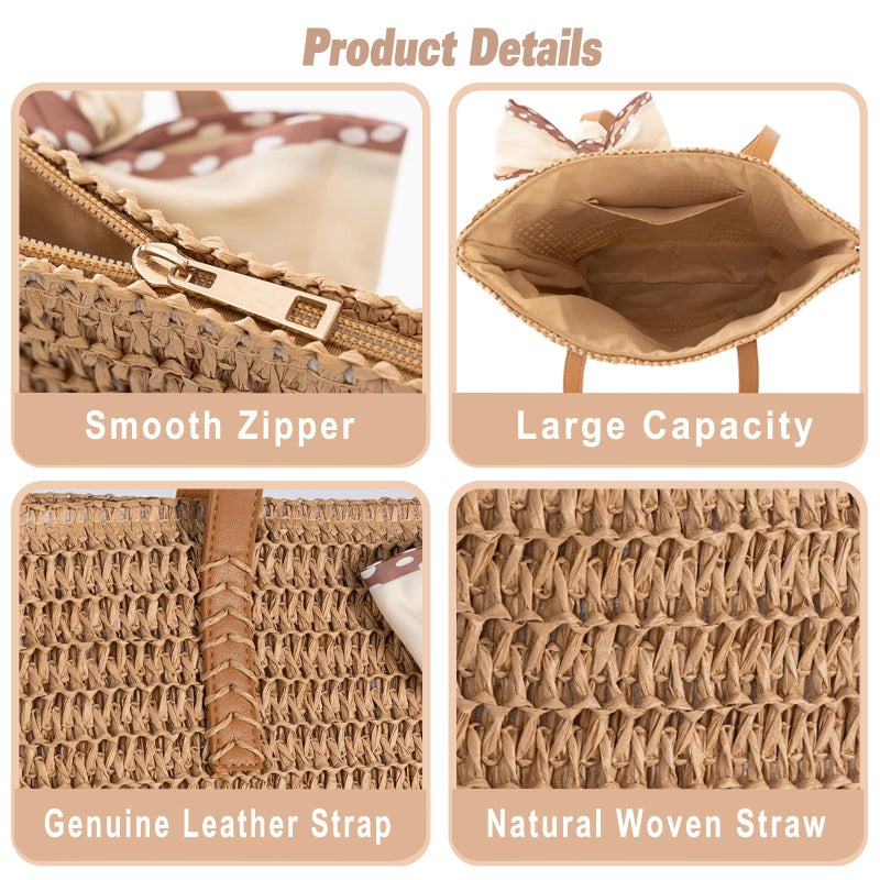 iSamzan Large Straw Beach Bag: Women's Handwoven Tote with Zipper Pocket - 2025 Lightweight Summer Purse for Travel & Work - Image 4