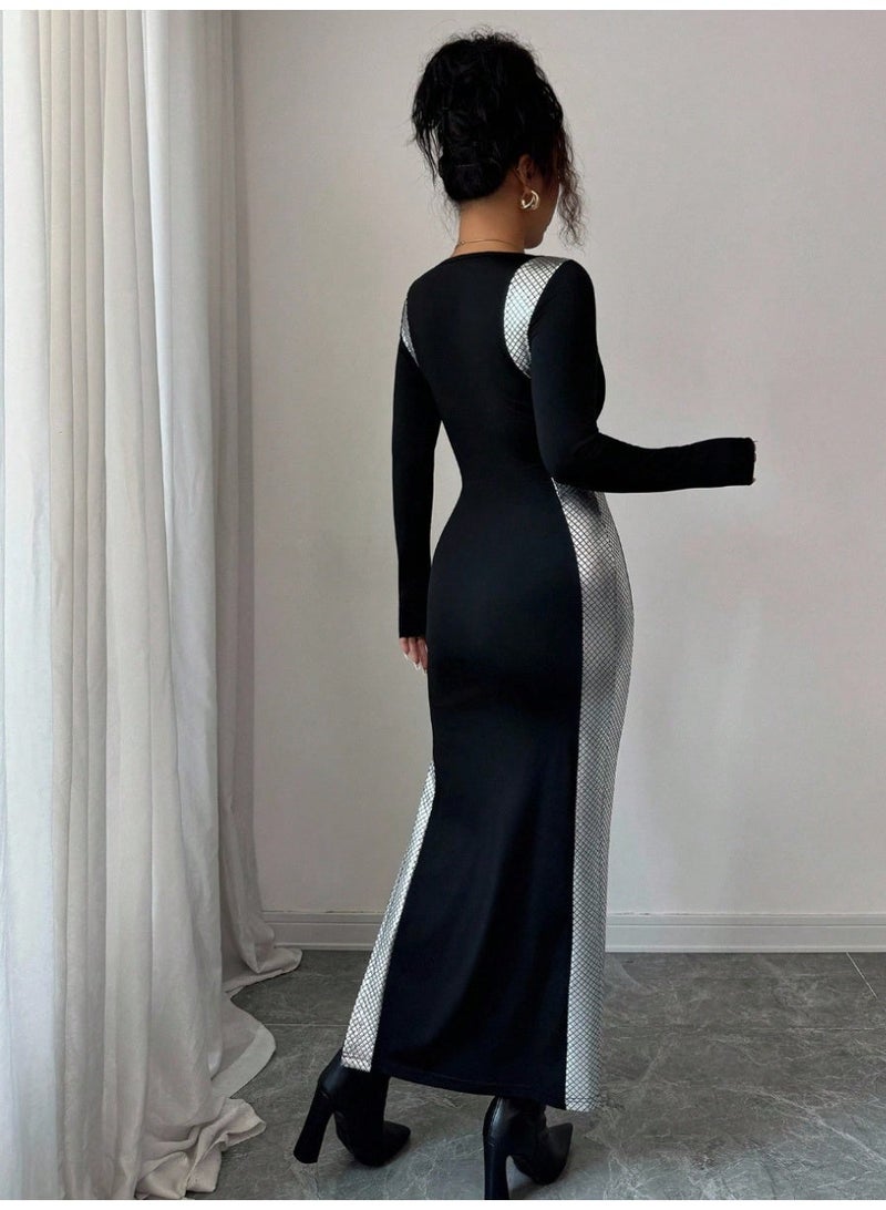 SHEIN  Women's Patchwork Gold Foil Bodycon Split Hem Long Sleeve Dress Fall Cloth For Women - Image 5