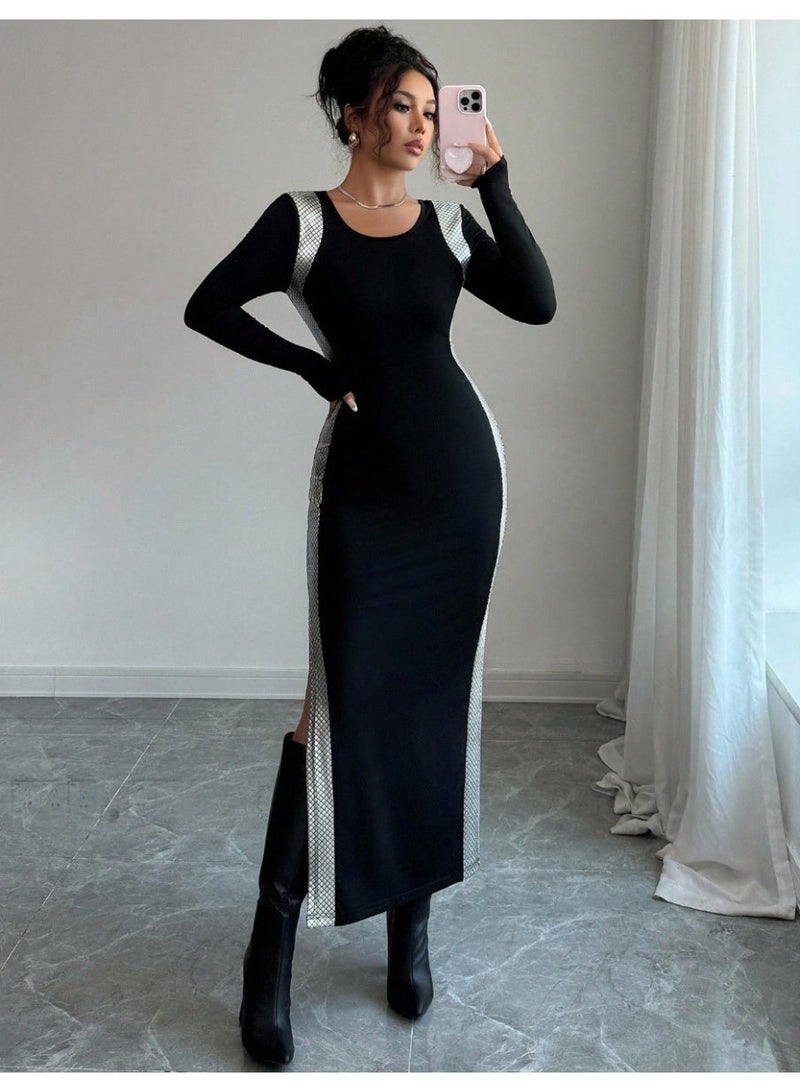 SHEIN  Women's Patchwork Gold Foil Bodycon Split Hem Long Sleeve Dress Fall Cloth For Women - Image 4