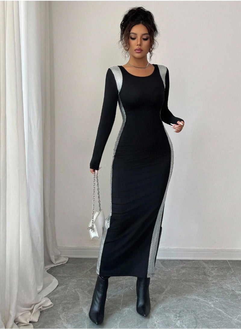 SHEIN  Women's Patchwork Gold Foil Bodycon Split Hem Long Sleeve Dress Fall Cloth For Women - Image 2