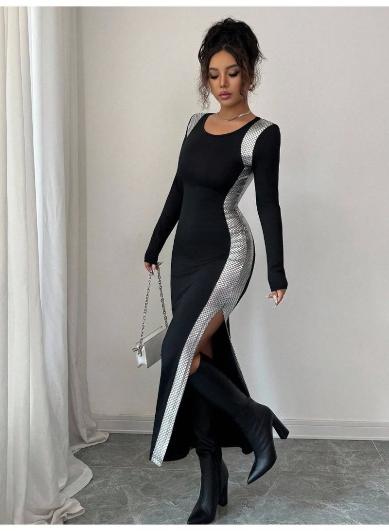 SHEIN  Women's Patchwork Gold Foil Bodycon Split Hem Long Sleeve Dress Fall Cloth For Women - Image 1