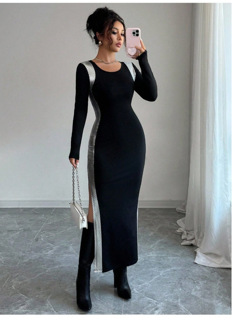 SHEIN  Women's Patchwork Gold Foil Bodycon Split Hem Long Sleeve Dress Fall Cloth For Women - Image 3
