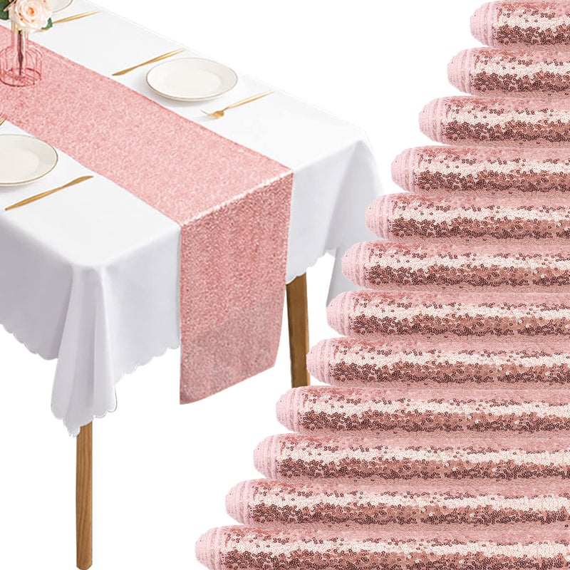 12 Packs 12 X 72 Inch Sequin Table Runner Glitter Dining Table Runner for Birthday Wedding Engagement Bridal Baby Shower Bachelorette Holiday Celebration Party Supplies Decorations Rose Gold