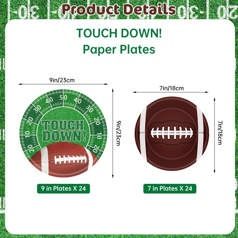 Litmitfu 48 Pcs Football Plates Set - Touchdown Football Paper Plates, Disposable Party Dinner Dessert Round Plate for Football Rugby Sport Game Day Tailgate Football Party Supplies Table Decorations, 2 Sizes - Image 3
