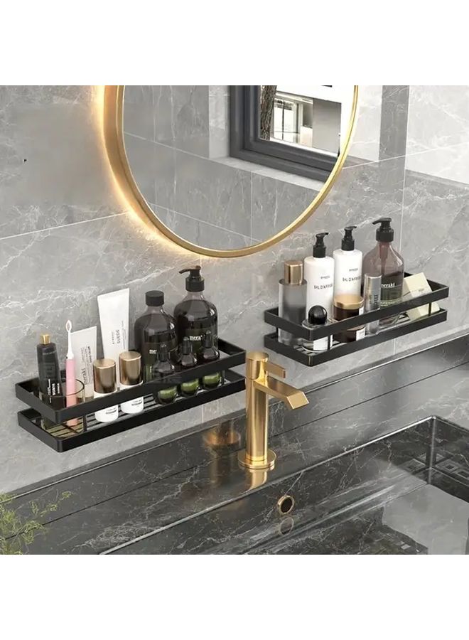 Modern Black Wall Mounted Bathroom Shelf No Drill Installation Space Saving Storage - Image 2