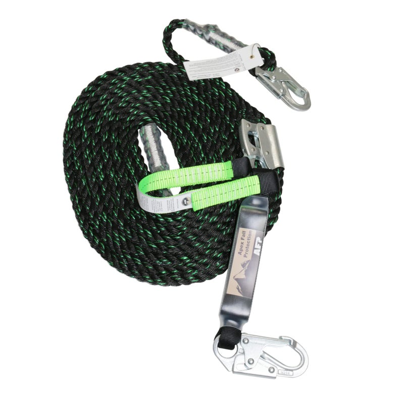 AFP 25 FT Vertical Lifeline Assembly wRope Grab Snap Hooks Shock Absorber ANSI OSHA Rated Fall Protection Roofing Safety Equipment