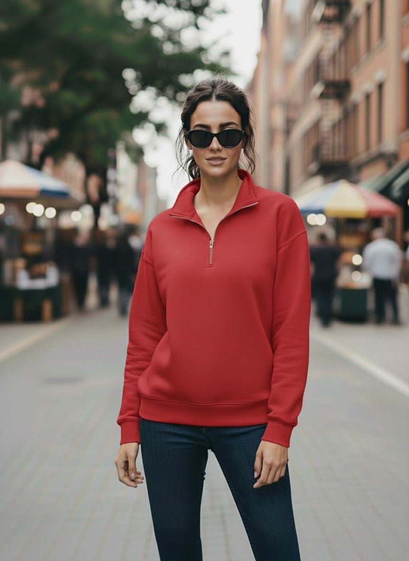 Mack Jonney Women’s Fleece Half-Zip Maroon Color High Neck Sweatshirt | Warm & Stylish Winter Wear -JM.4402 - Image 2