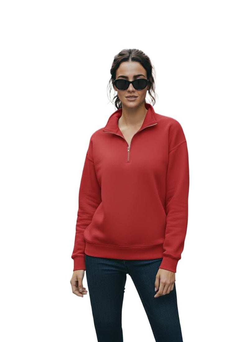 Mack Jonney Women’s Fleece Half-Zip Maroon Color High Neck Sweatshirt | Warm & Stylish Winter Wear -JM.4402 - Image 1