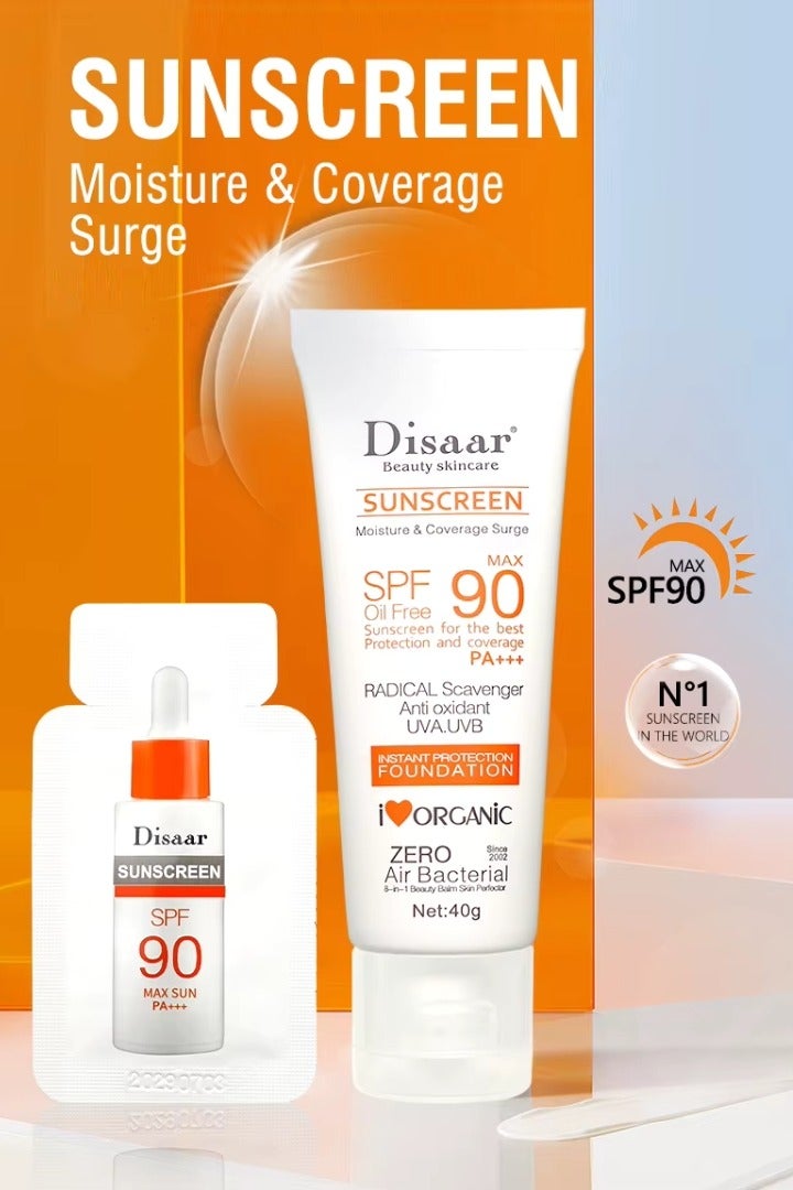 Disaar واقي شمس حماية فورية للبشرة SPF 90 خالي من الزيت واقي شمس يغطي ويحمي ترطيب مثالي تغطية مضادة للأشعة فوق البنفسجية UVA و UVB كريم شمس للوجه والجسم 40 جرام - Image 2