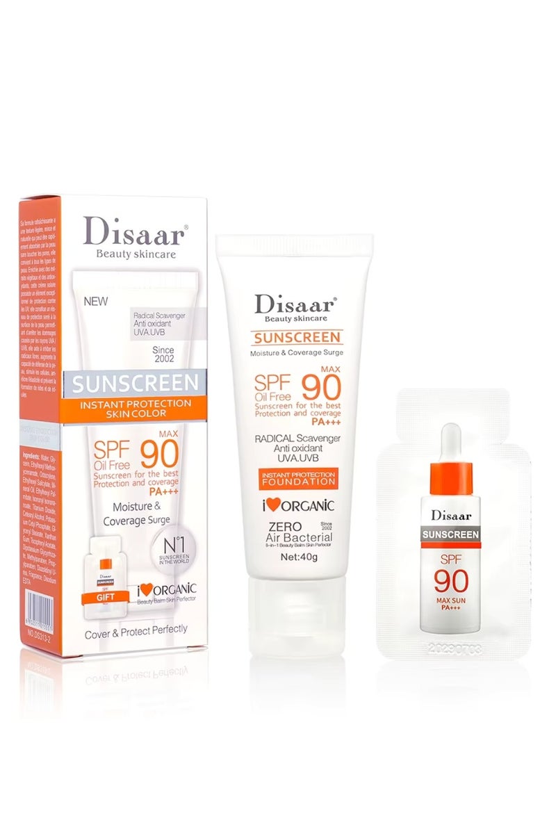 Disaar واقي شمس حماية فورية للبشرة SPF 90 خالي من الزيت واقي شمس يغطي ويحمي ترطيب مثالي تغطية مضادة للأشعة فوق البنفسجية UVA و UVB كريم شمس للوجه والجسم 40 جرام - Image 1
