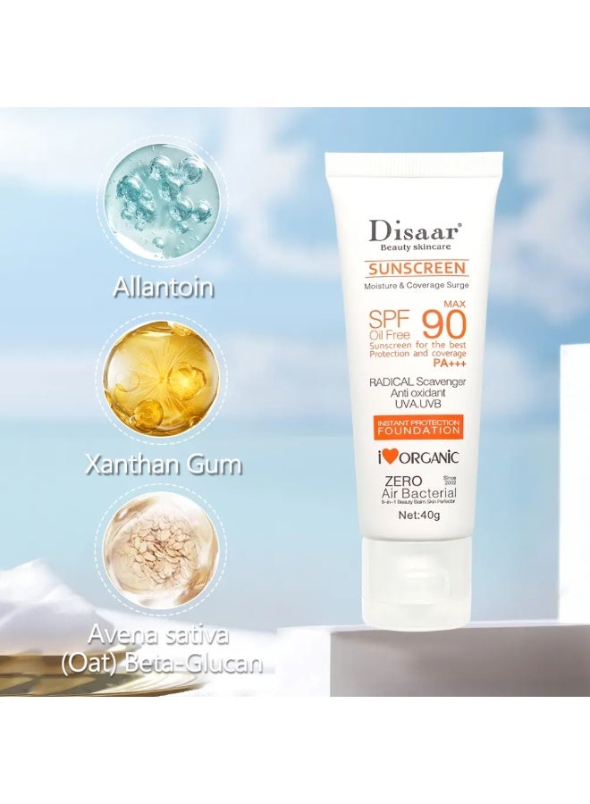 Disaar واقي شمس حماية فورية للبشرة SPF 90 خالي من الزيت واقي شمس يغطي ويحمي ترطيب مثالي تغطية مضادة للأشعة فوق البنفسجية UVA و UVB كريم شمس للوجه والجسم 40 جرام - Image 5