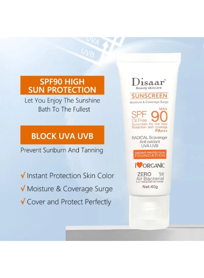 Disaar واقي شمس حماية فورية للبشرة SPF 90 خالي من الزيت واقي شمس يغطي ويحمي ترطيب مثالي تغطية مضادة للأشعة فوق البنفسجية UVA و UVB كريم شمس للوجه والجسم 40 جرام - Image 3
