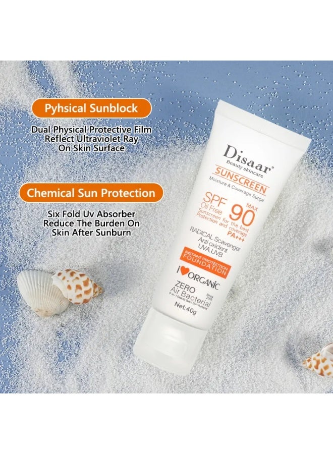 Disaar واقي شمس حماية فورية للبشرة SPF 90 خالي من الزيت واقي شمس يغطي ويحمي ترطيب مثالي تغطية مضادة للأشعة فوق البنفسجية UVA و UVB كريم شمس للوجه والجسم 40 جرام - Image 4