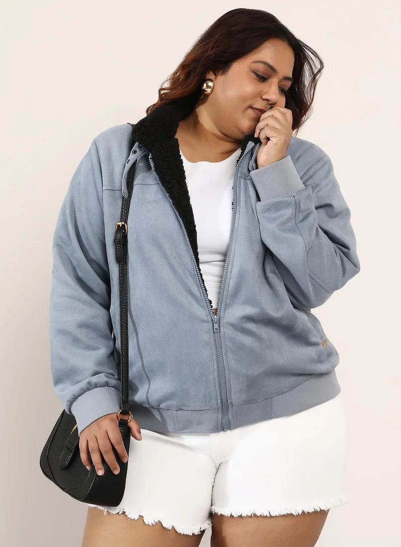 Instafab Plus Women's Contrast Sherpa-Lined Suede Bomber Jacket | Point Collar , Long Ribbed-Cuff Sleeves, Zipper Closure | Plus-Size Colourblock Woven Jacket For Casual & Daily Wear | Moon Grey