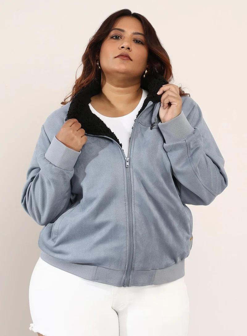 Instafab Plus Women's Contrast Sherpa-Lined Suede Bomber Jacket | Point Collar , Long Ribbed-Cuff Sleeves, Zipper Closure | Plus-Size Colourblock Woven Jacket For Casual & Daily Wear | Moon Grey