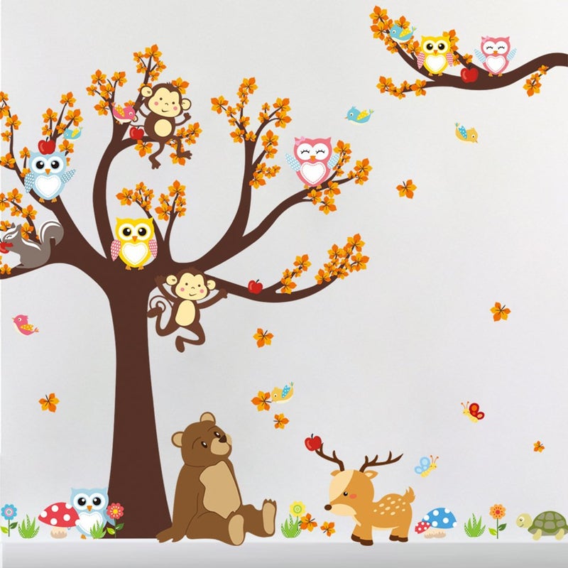 AM AMAONM Creative Cartoon Family Owls On The Brown Tree Wall Decals Removable Wall Stickers DIY Wall Art Decor 3D Murals Animals Wallpaper for Nursery School Kids Baby Bedroom Bathroom Decoration