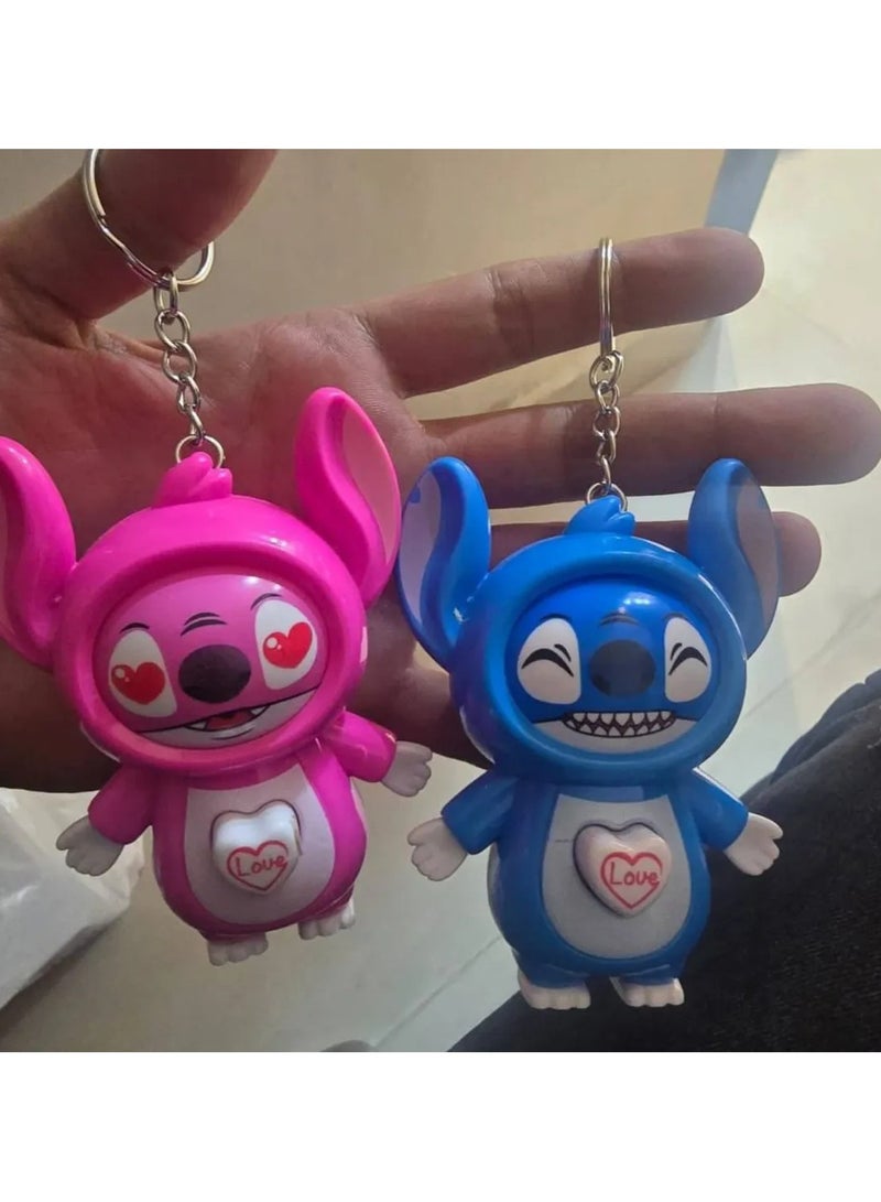 (2 pieces) Stitch Character Keychain - Face-Change Emoji Doll - Stress Relief Toy  The surprise keychain changes its face with the press of a button. Add a touch of fun to your keys or bag with this adorable interactive Stitch keychain. Perfect for keys or a bag decoration - a fun gift for kids and adults.  - Image 2