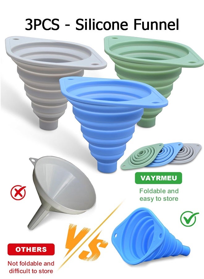 دبليو أف أف أو مجموعة قمع المطبخ 3 قطع - أقماع جديدة للاستخدام في المطبخ لملء الزجاجات، قمع سيليكون قابل للطي، أقماع صغيرة لملء الزجاجات الصغيرة، لنقل السوائل لزجاجات المياه (3 ألوان) - Image 1
