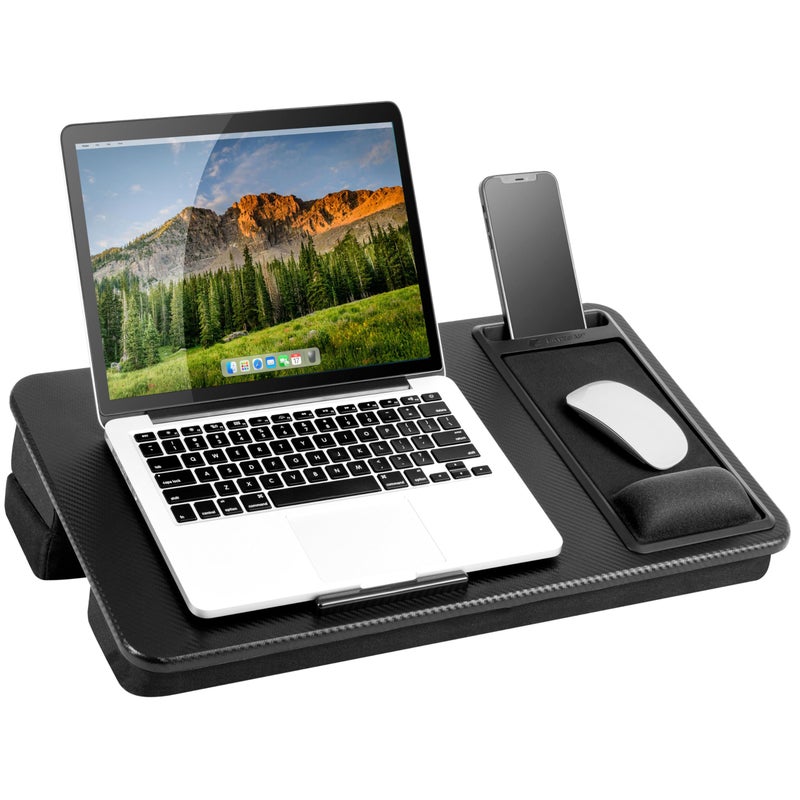 LAPGEAR Extra Large Adjustable Lap Desk with Memory Foam Wrist Rest Mouse Pad Phone Holder Device Ledge and Booster Cushion Black Carbon Fits up to 173 Inch Laptops Style No 88108