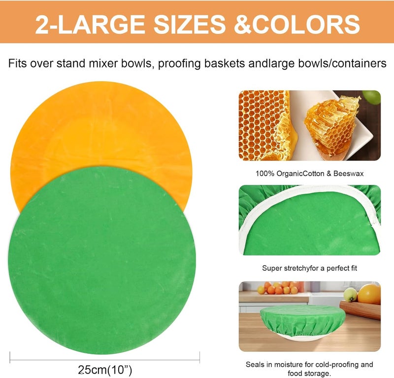 BERBAM Reusable Bowl Covers for Bread Proofing（2 Large）- Cotton Beeswax Bowl Covers Reusable with Elastic Rim, Sourdough Bowl Cover for Food Storage and Food Preservation (10INCH)（Solid color） - Image 2
