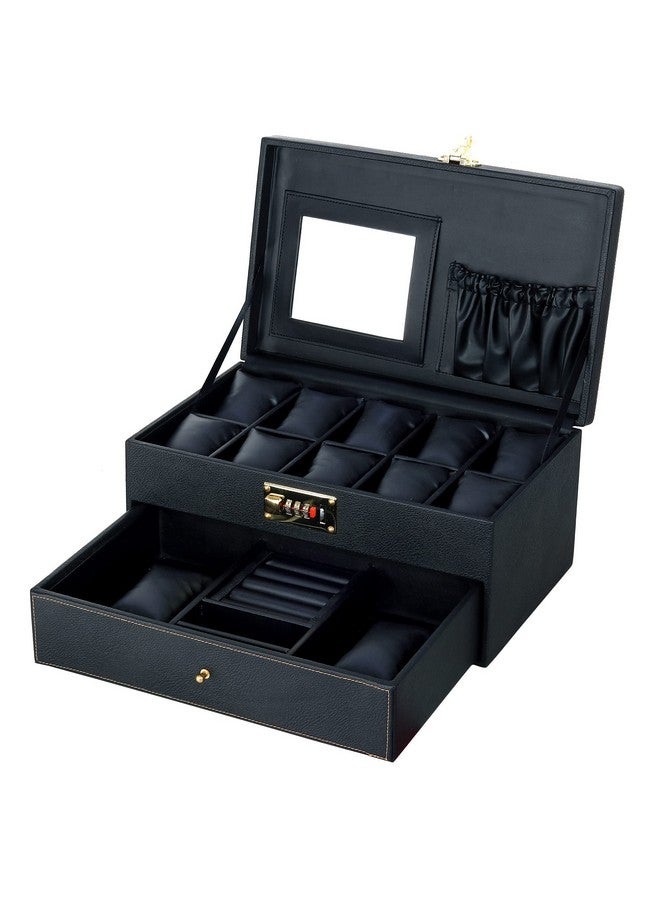Hard Craft PU Leather Watch Box Organizer for Men and Women 3 Digit Combination Lock with 10 Slots and Drawer Royal Black - Image 4