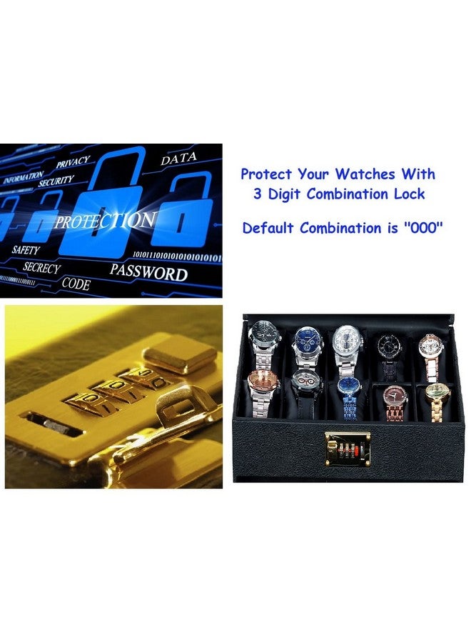 Hard Craft PU Leather Watch Box Organizer for Men and Women 3 Digit Combination Lock with 10 Slots and Drawer Royal Black - Image 3