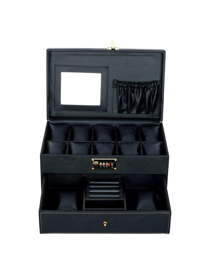Hard Craft PU Leather Watch Box Organizer for Men and Women 3 Digit Combination Lock with 10 Slots and Drawer Royal Black - Image 1