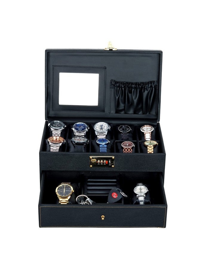 Hard Craft PU Leather Watch Box Organizer for Men and Women 3 Digit Combination Lock with 10 Slots and Drawer Royal Black - Image 2
