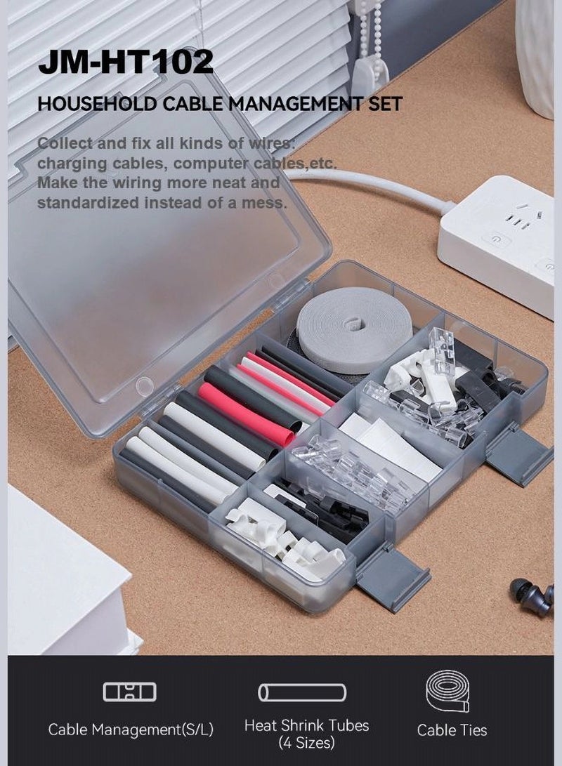 JIMIHOME 201-Piece Cable Management Set with Organizer Box - Plastic Cable Organizer for Home or Office | Hide Cables, Shrink Tubes Included | Double-sided Adhesive, Velcro Cable Ties (Gray)  - Image 2