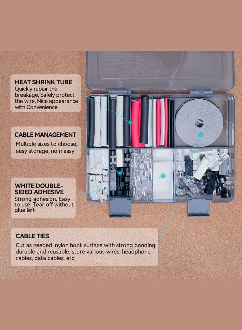 JIMIHOME 201-Piece Cable Management Set with Organizer Box - Plastic Cable Organizer for Home or Office | Hide Cables, Shrink Tubes Included | Double-sided Adhesive, Velcro Cable Ties (Gray)  - Image 3