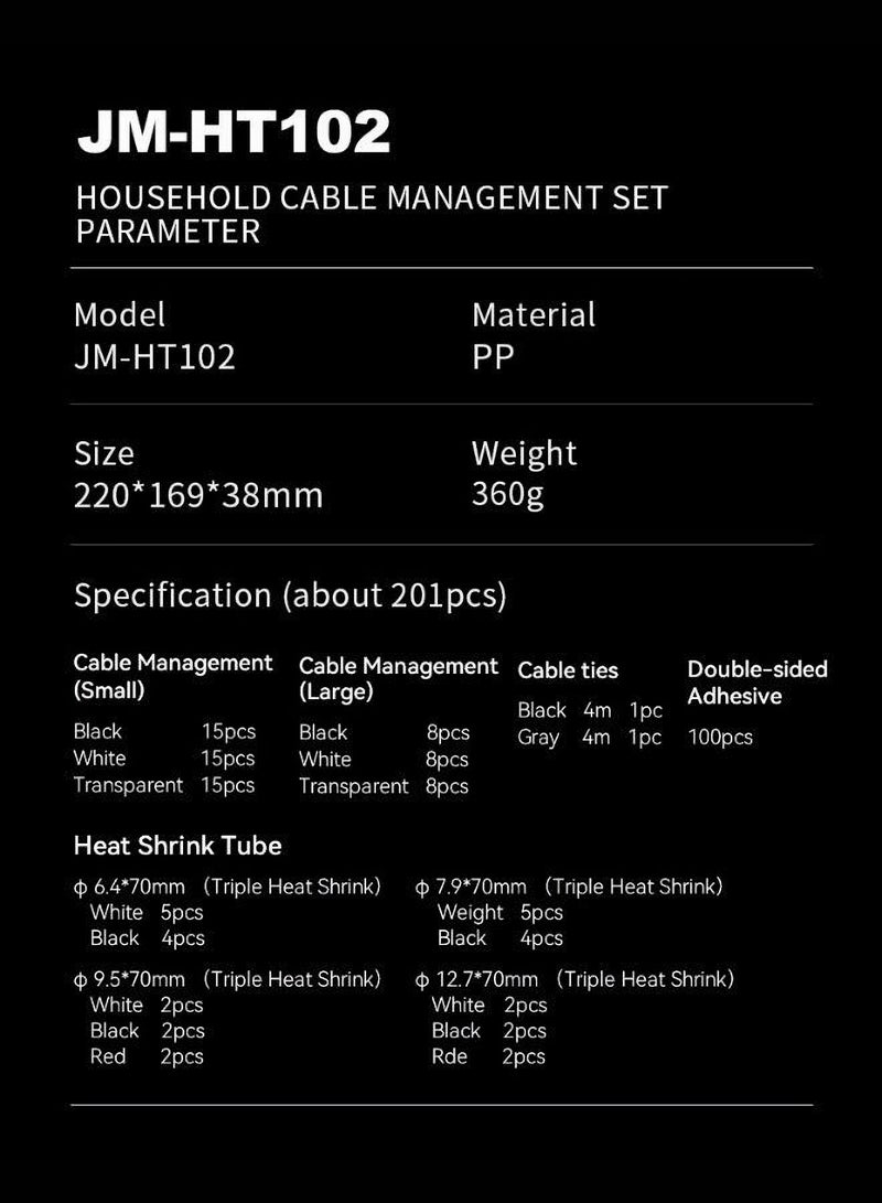 JIMIHOME 201-Piece Cable Management Set with Organizer Box - Plastic Cable Organizer for Home or Office | Hide Cables, Shrink Tubes Included | Double-sided Adhesive, Velcro Cable Ties (Gray)  - Image 4