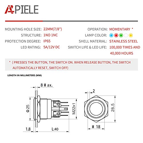 APIELE 22mm Momentary Push Button Switch 12V Angel Eye LED Waterproof Stainless Steel Round Metal Self-Reset 7/8'' 1NO 1NC with Pigtail (Blue) - Image 2
