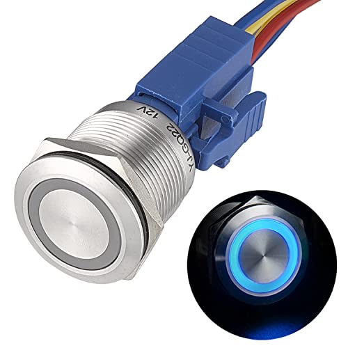 APIELE 22mm Momentary Push Button Switch 12V Angel Eye LED Waterproof Stainless Steel Round Metal Self-Reset 7/8'' 1NO 1NC with Pigtail (Blue) - Image 1