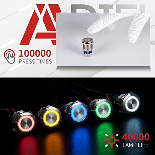 APIELE 22mm Momentary Push Button Switch 12V Angel Eye LED Waterproof Stainless Steel Round Metal Self-Reset 7/8'' 1NO 1NC with Pigtail (Blue) - Image 5