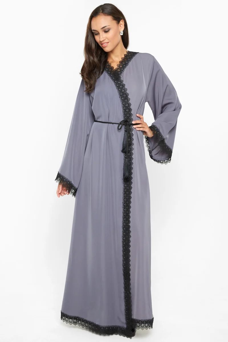 النخبة A gorgeous pale grey wrap style abaya with crochet lace detail by the sleeves and closing-AJ593A