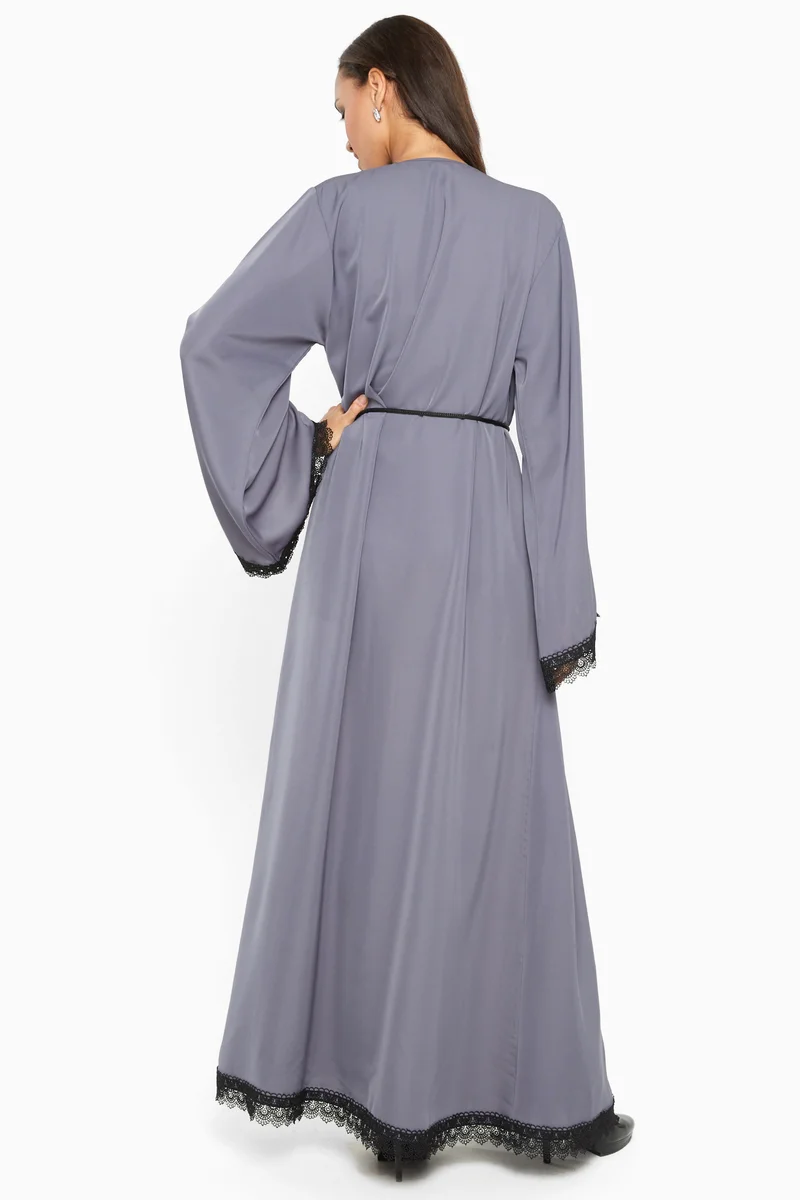 النخبة A gorgeous pale grey wrap style abaya with crochet lace detail by the sleeves and closing-AJ593A