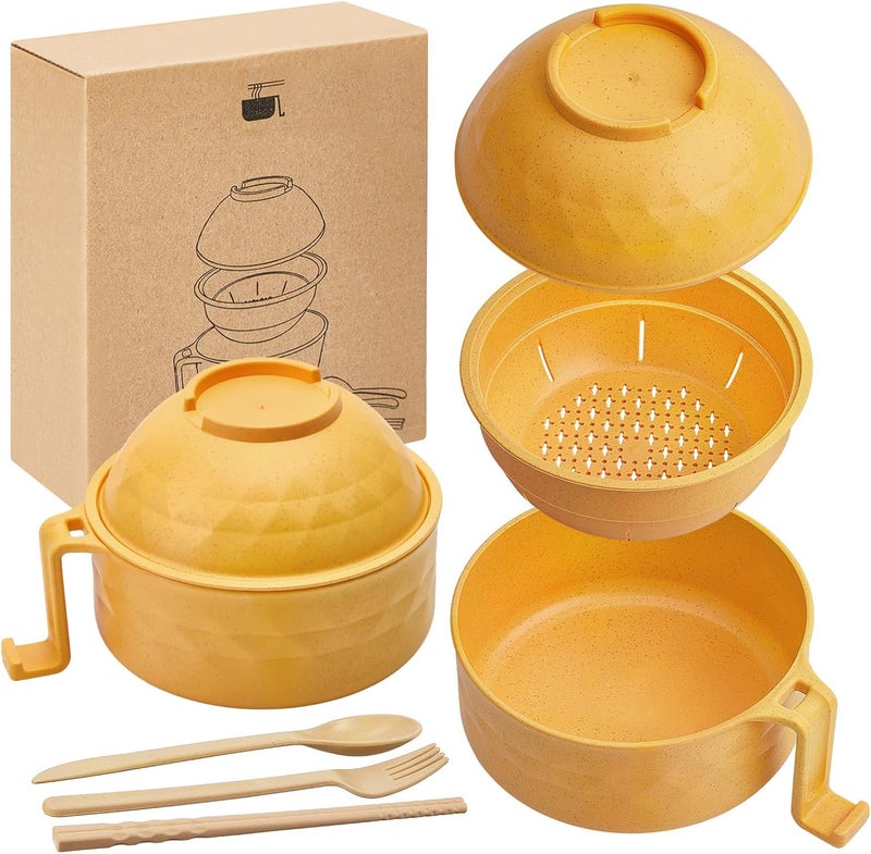 Romooa 1 Set Microwave Ramen Bowl Set 33 oz Wheat Straw Instant Ramen Cooker Set Portable Noodle Cooker with Handle Noodle Bowl with Spoon Chopsticks Fork College Dorm Room Yellow - Image 1