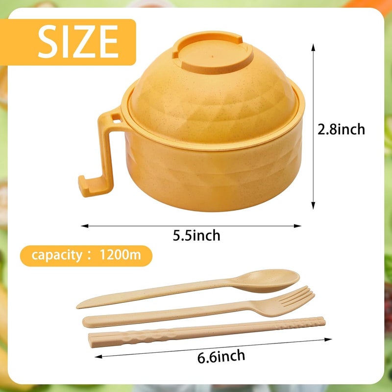 Romooa 1 Set Microwave Ramen Bowl Set 33 oz Wheat Straw Instant Ramen Cooker Set Portable Noodle Cooker with Handle Noodle Bowl with Spoon Chopsticks Fork College Dorm Room Yellow - Image 2
