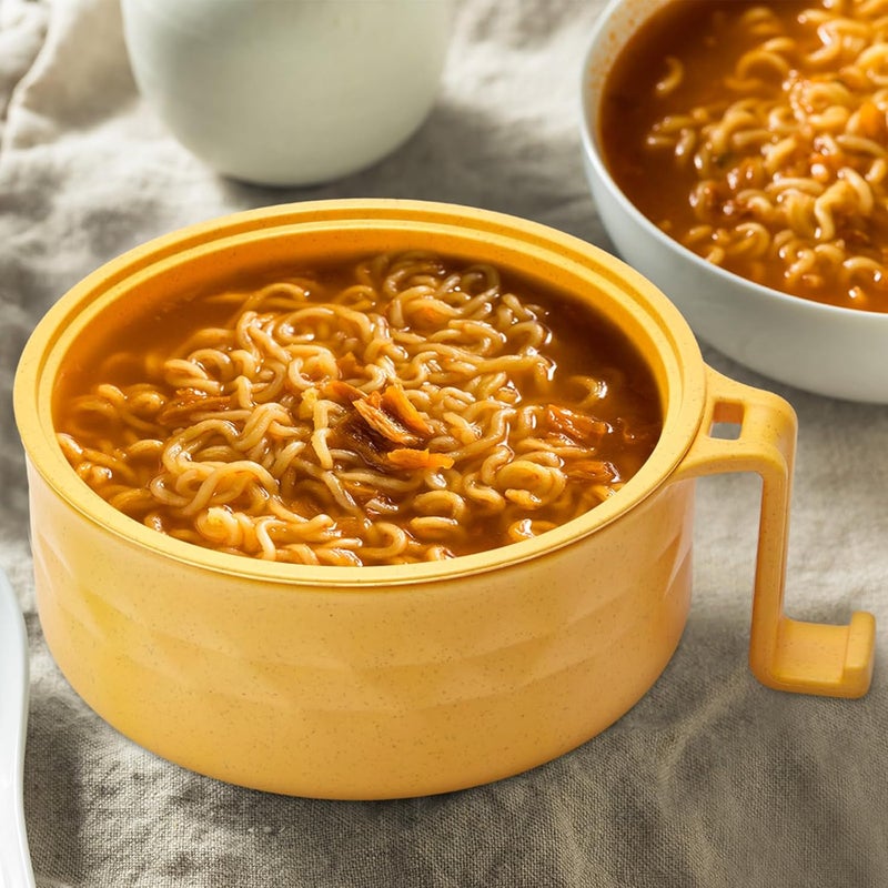 Romooa 1 Set Microwave Ramen Bowl Set 33 oz Wheat Straw Instant Ramen Cooker Set Portable Noodle Cooker with Handle Noodle Bowl with Spoon Chopsticks Fork College Dorm Room Yellow - Image 5